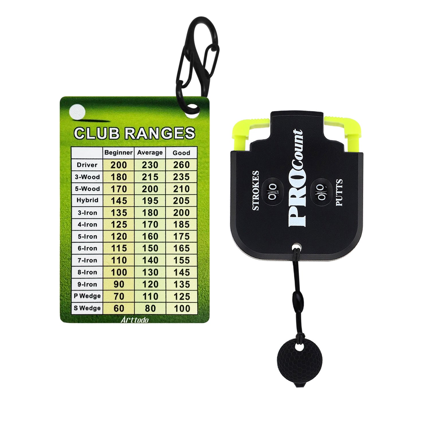 Golf Club Range Chart Card and Golf Score Counter Clicker